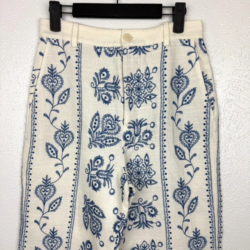 Zara Linen Embroidered Culottes Wide Leg Ankle Pants Ecru Cream Blue XS